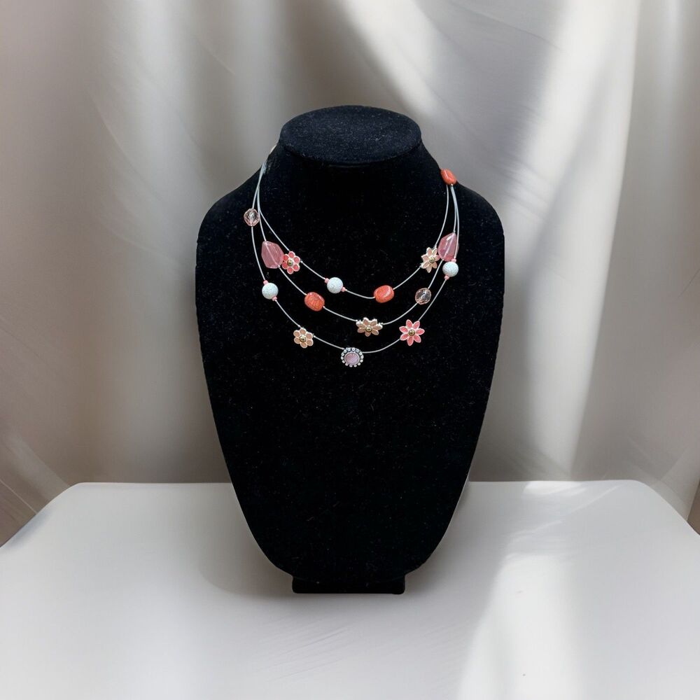 Elegant Pink & Coral Beaded Layered Necklace - Multi-Strand Statement Jewelry